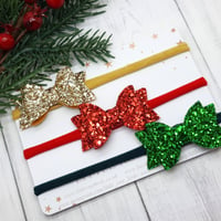 Image 2 of Set of 3 Red / Gold / Green Glitter Bows - Choice of Headband or Clip