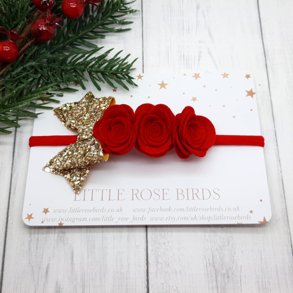 Red Rose and Gold Glitter Bow Headband 