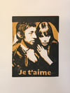 Serge Gainsbourg Jane Birkin. Je t'aime. Hand Made. Original A4 linocut print.