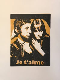 Image 1 of Serge Gainsbourg Jane Birkin. Je t'aime. Hand Made. Original A4 linocut print.