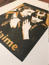 Serge Gainsbourg Jane Birkin. Je t'aime. Hand Made. Original A4 linocut print.