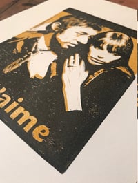 Image 3 of Serge Gainsbourg Jane Birkin. Je t'aime. Hand Made. Original A4 linocut print.