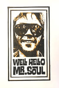 Image 1 of Neil Young. Well, Hello Mr. Soul. Hand Made. Original A4 linocut print.