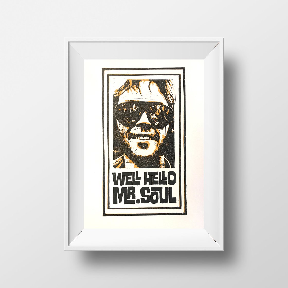 Image of Neil Young. Well, Hello Mr. Soul. Hand Made. Original A4 linocut print.