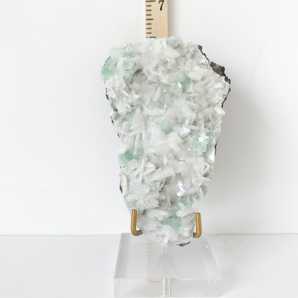 Image of Green Apophyllite/Stilbite no.55 + Lucite and Brass Stand