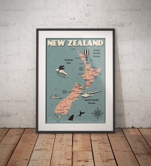 Image of Vintage poster New Zealand Map - Fine Art Print