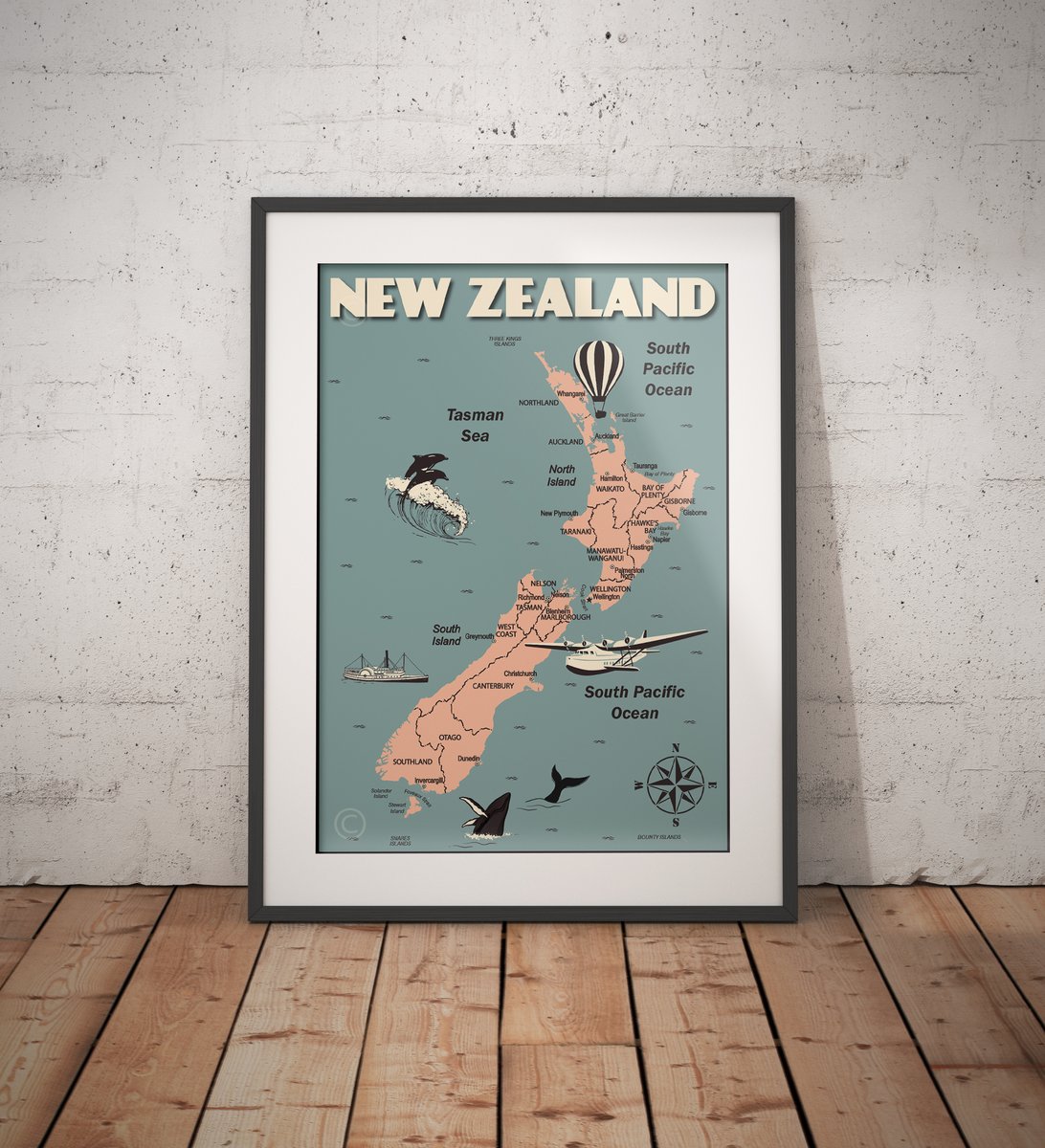 Vintage poster New Zealand Map - Fine Art Print | vintage poster