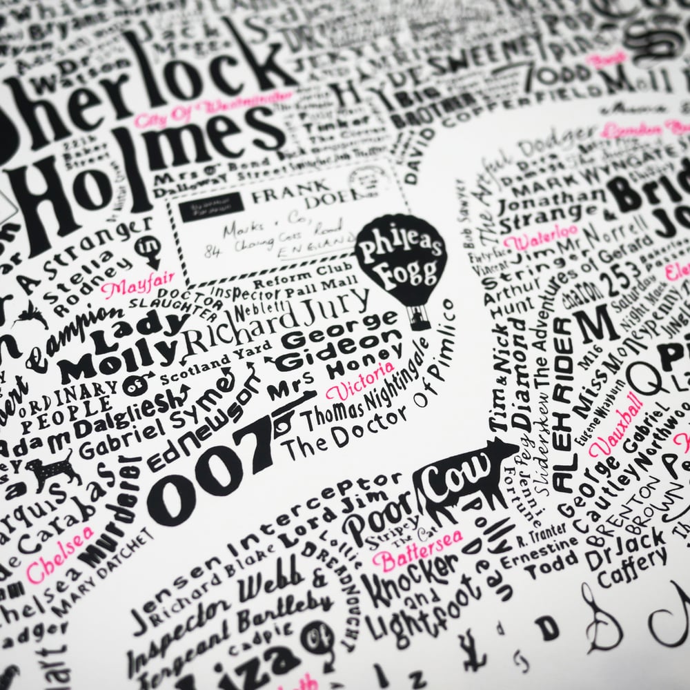 Literary Central London Map (black and fluoro pink screenprint)