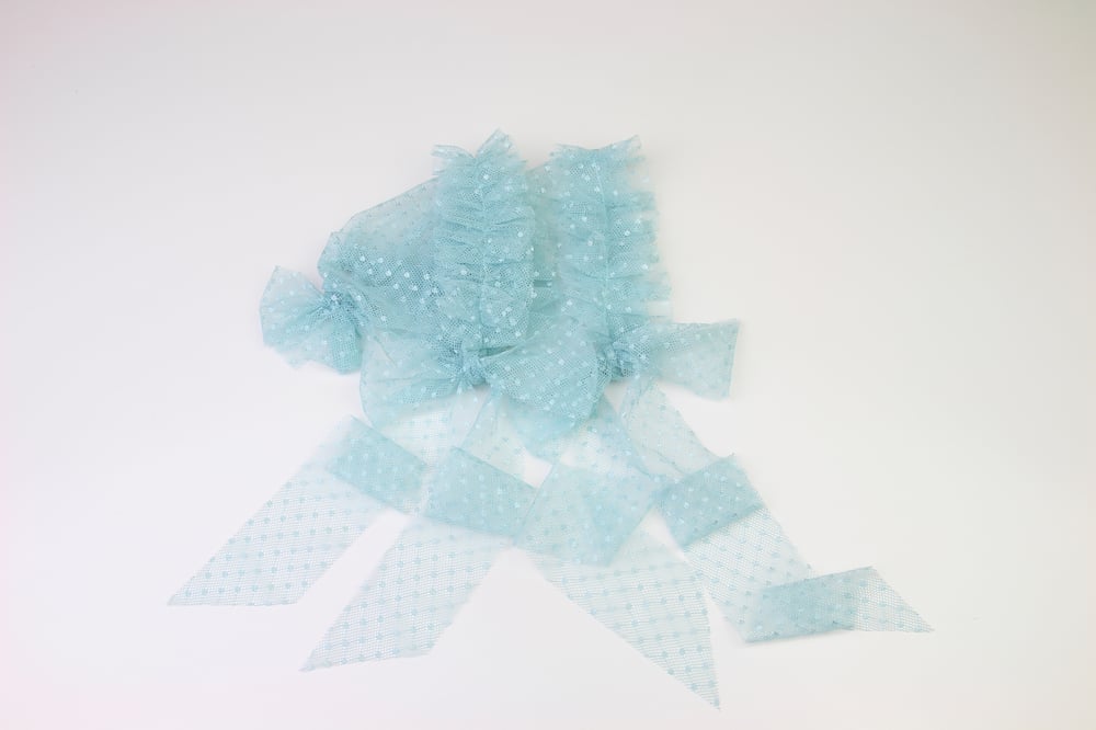 Image of Blue Frilled & Dotted Newborn Bonnet