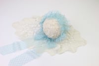 Image 2 of Blue Frilled & Dotted Newborn Bonnet