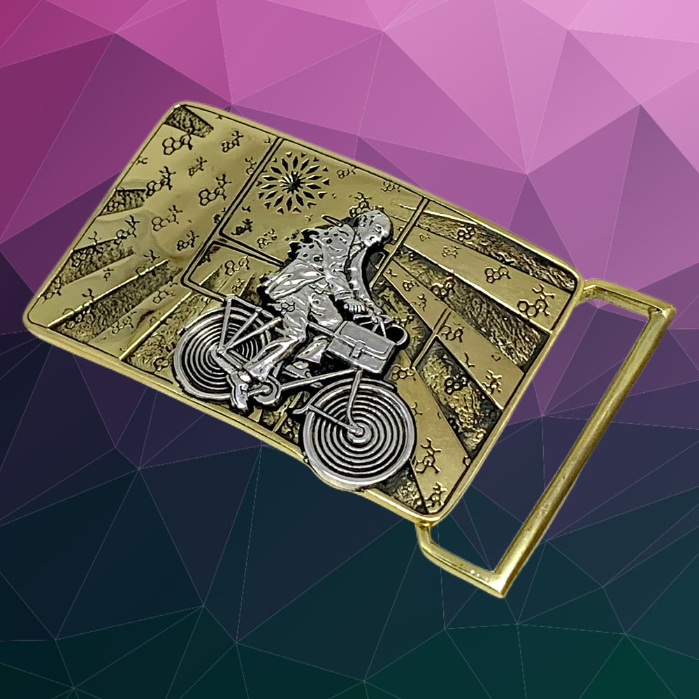 Image of Albert Hofmann Bicycle Day Tribute Buckle cast in Yellow Brass & Sterling Silver 
