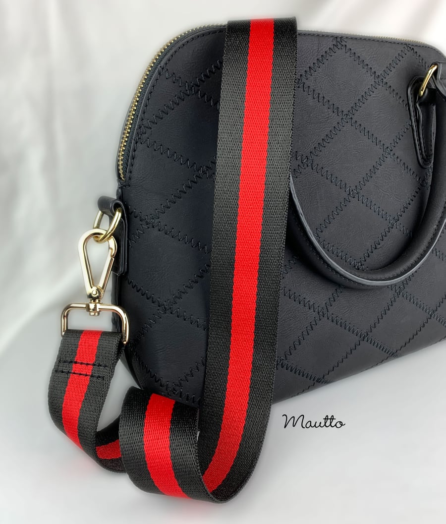 Image of Black & Red Strap for Bags - 1.5" Wide Nylon - Adjustable Length - Tear Drop Shape #14 Hooks