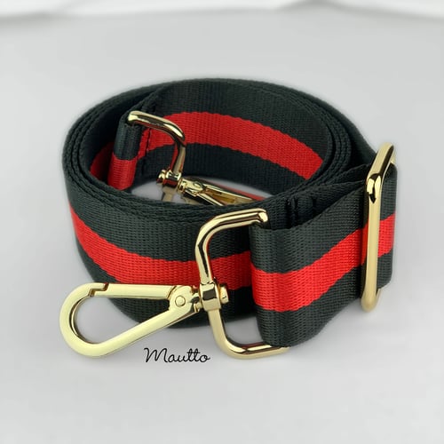 Image of Black & Red Strap for Bags - 1.5" Wide Nylon - Adjustable Length - Tear Drop Shape #14 Hooks