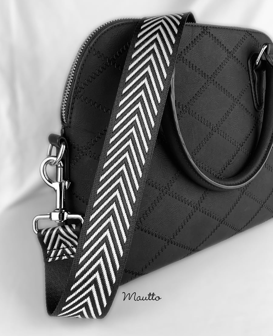 Image of Black & White Chevron Strap - 1.5" Wide Nylon - Adjustable Length - Dog Leash Style #19 Hooks