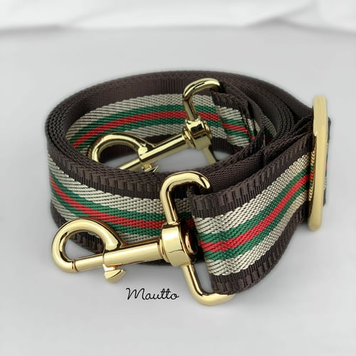 Image of Brown-Tan-Green-Red Strap for Bags - 1.5" Wide Nylon - Adjustable Length - Dog Leash Style #19 Hooks