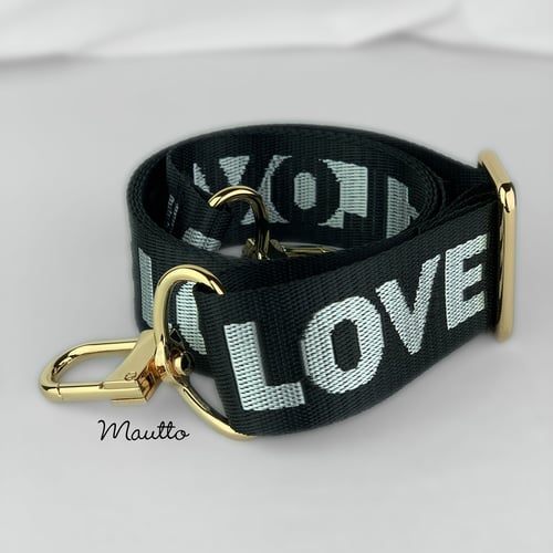Image of Black & Silver LOVE Strap for Bags - 1.5" Wide Nylon - Adjustable - U Shape Style #16XLG Hooks