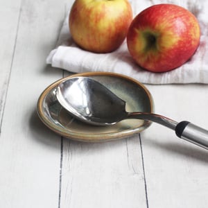 Image of Spoon Rest in Amber and Sage Glaze, Medium Sized Utensil Dish for Cooking Station