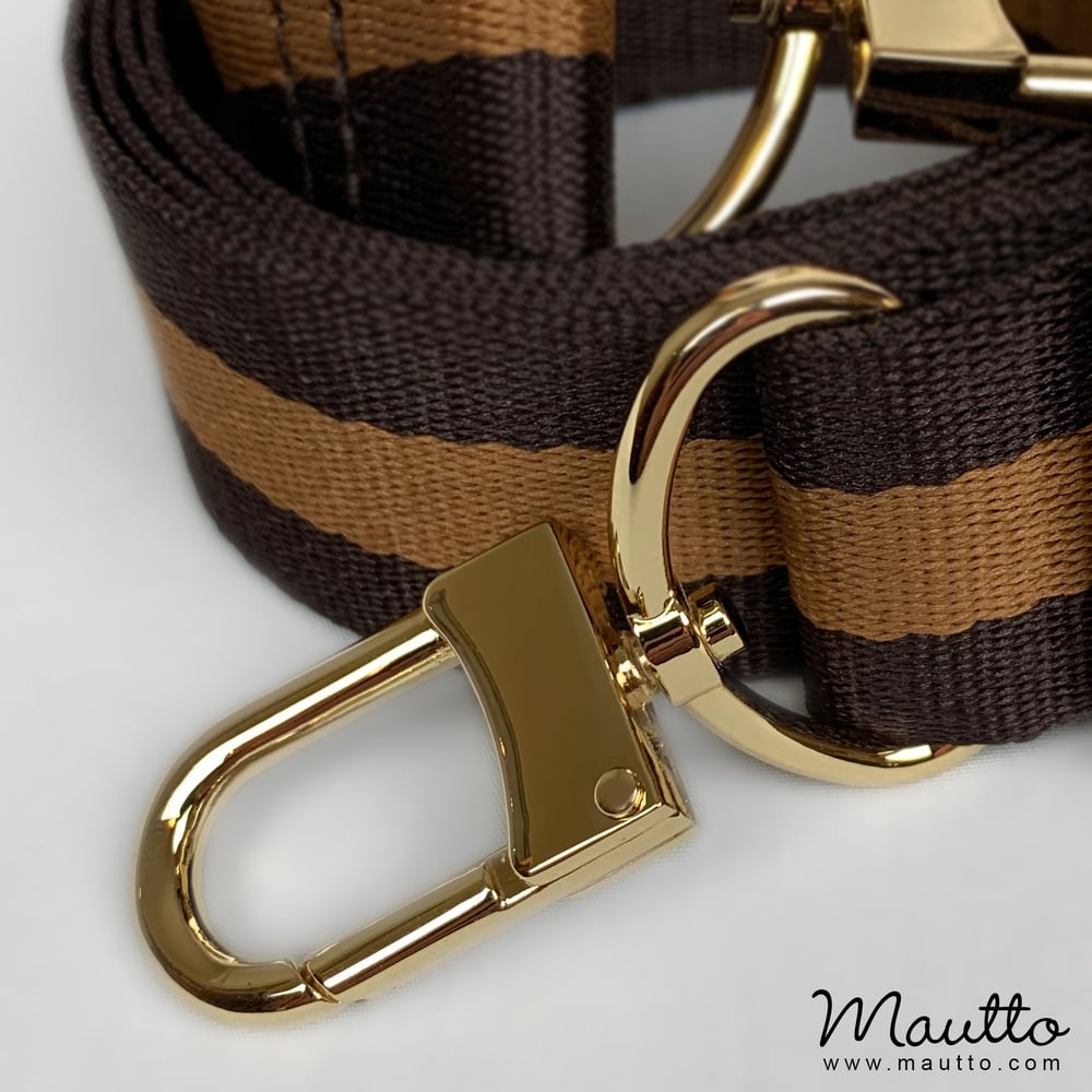 Image of Dark Brown & Gold Strap for Bags - 1.5" Wide Nylon - Adjustable Length - U Shape Style #16XLG Hooks