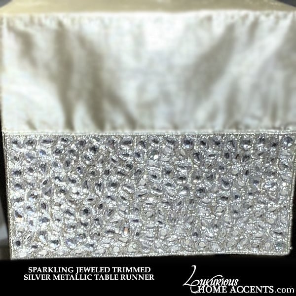 Image of Jeweled Trimmed Silver Metallic Dupioni Table Runner