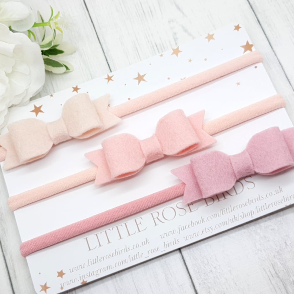 Image of Set of 3 Pastel Pink Bows - Choice of Headbands or Clips