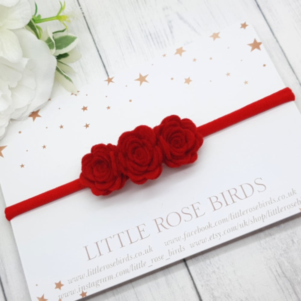 Image of Small 3 Red Rose Bow - Choice of Headband or Clip