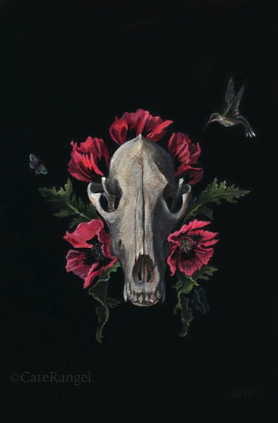 Image of Skull with Poppies - Framed Original Painting