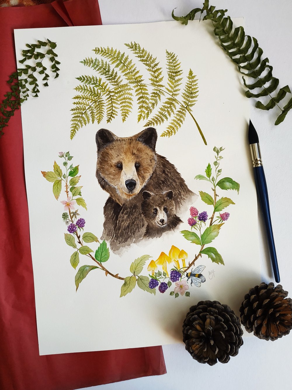 Image of Bear and cub Watercolor Illustration, ORIGINAL PAINTING