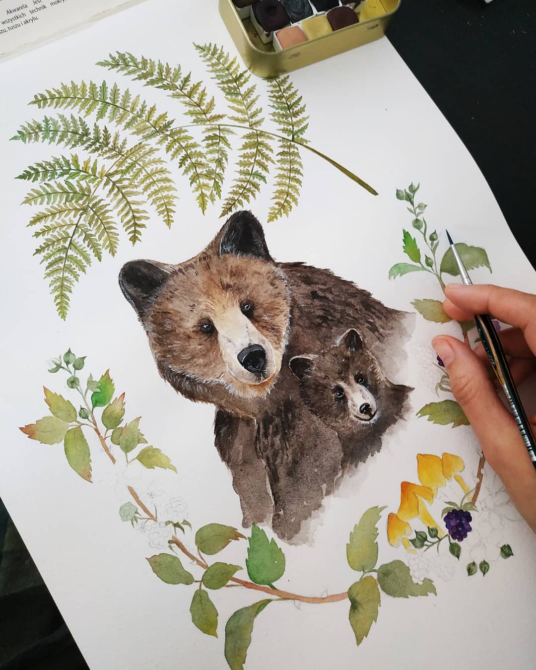 Image of Bear and cub Watercolor Illustration, ORIGINAL PAINTING