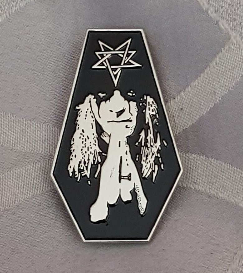 Image of To Mega Therion tribute to Tom G Warrior limited edition shaped enamel pin 