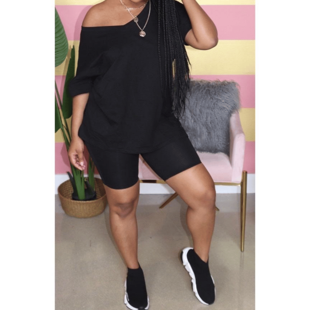 Black V Neck Casual Set