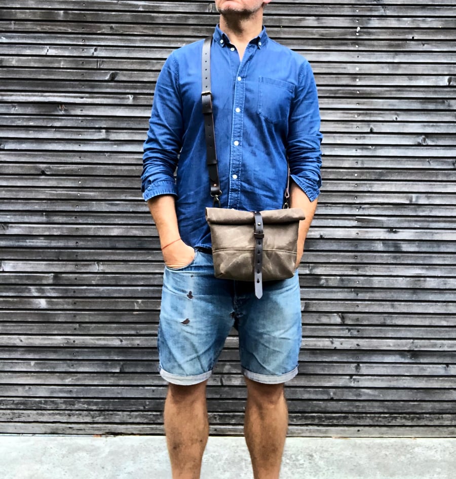 Image of Waxed canvas satchel with back pocket