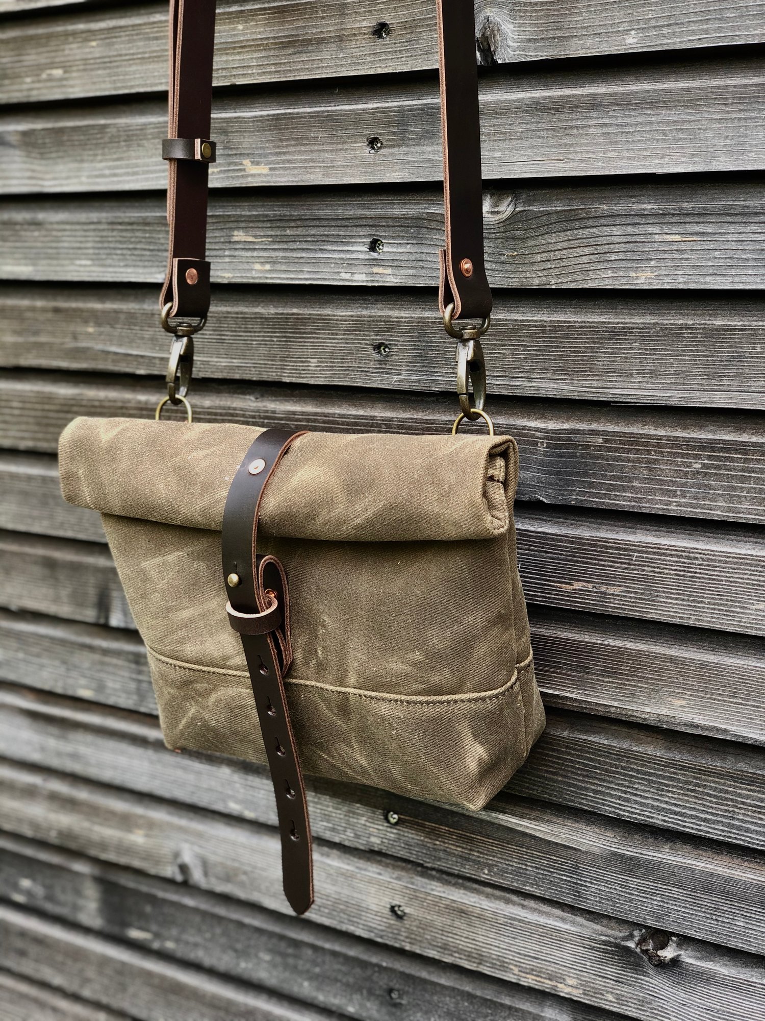 Image of Waxed canvas satchel with back pocket