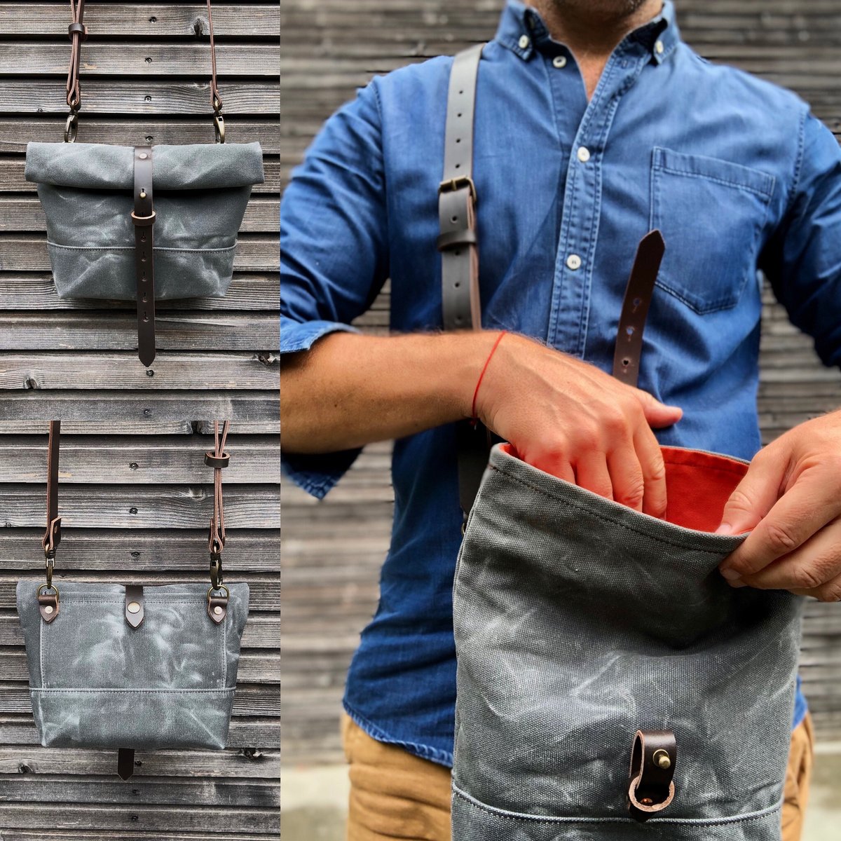 Waxed canvas day bag in grey with back pocket | Treesizeverse
