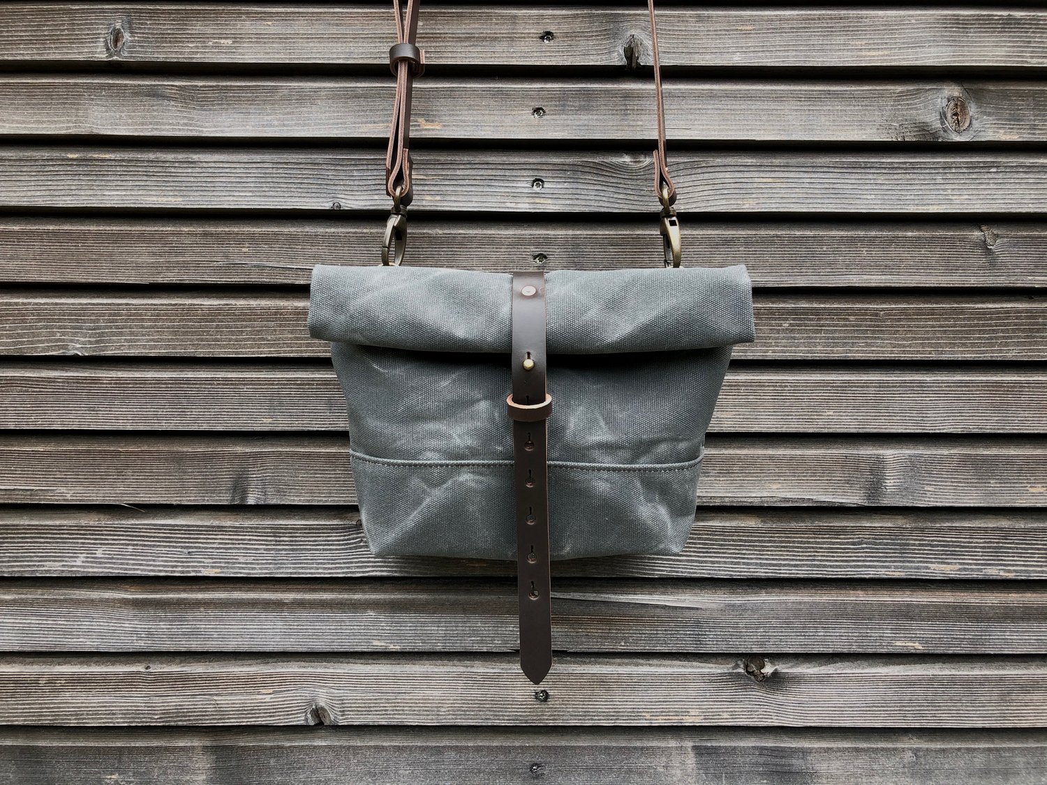 Image of Waxed canvas day bag in grey with back pocket