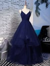 Beautiful Spaghetti Straps V-neck Princess Prom Dresses, Navy Blue Prom Dress