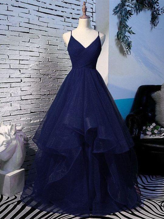 Beautiful Spaghetti Straps V-neck Princess Prom Dresses, Navy Blue Prom Dress