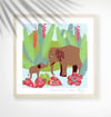 Elephant + Rafflesia - Jungle Animals Prints - Nursery Print - Children room - New born gift - Blue