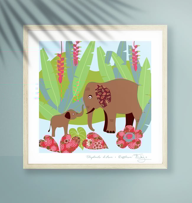 Elephant + Rafflesia - Jungle Animals Prints - Nursery Print - Children room - New born gift - Blue