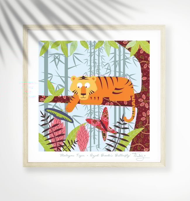 Malayan Tiger + Rajah Brooke's birdwing butterfly - Jungle Animals Prints - Nursery Print - Blue #2