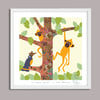 Silvered leaf monkeys + Rhinoceros hornbill - Jungle Animals Prints - Nursery Print - Vanilla