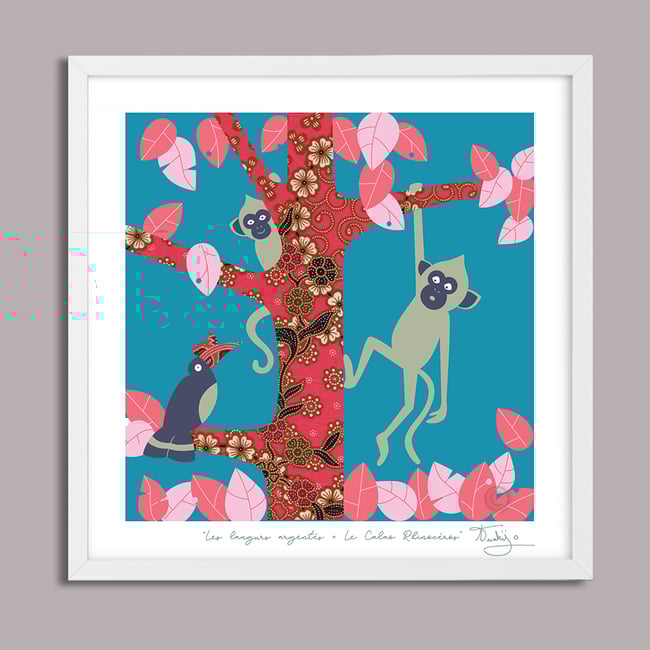 Silvered leaf monkeys + Rhinoceros hornbill - Jungle Animals Prints - Nursery Print - Night Blue