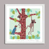 Silvered leaf monkeys + Rhinoceros hornbill - Jungle Animals Prints - Nursery Print - Light Blue