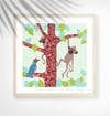 Silvered leaf monkeys + Rhinoceros hornbill - Jungle Animals Prints - Nursery Print - Light Blue