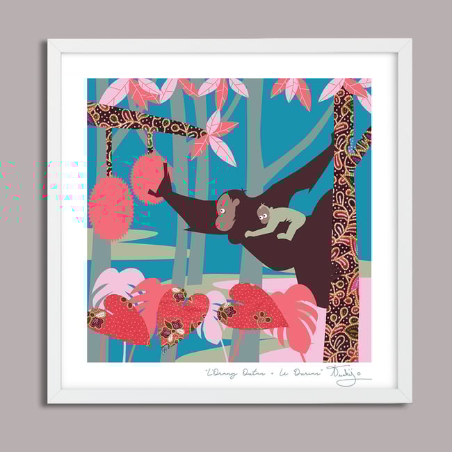 Orang Utan + Durian - Jungle Animals Prints - Nursery Print - Children Room - Night Blue