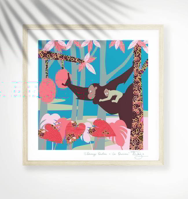 Orang Utan + Durian - Jungle Animals Prints - Nursery Print - Children Room - Night Blue