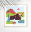 Water Buffalo + egret - Jungle Animals Prints - Nursery Print - Children room - Blue #2