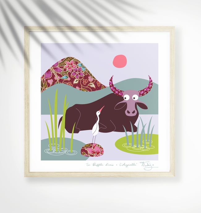 Water Buffalo + egret - Jungle Animals Prints - Nursery Print - Children room - Purple