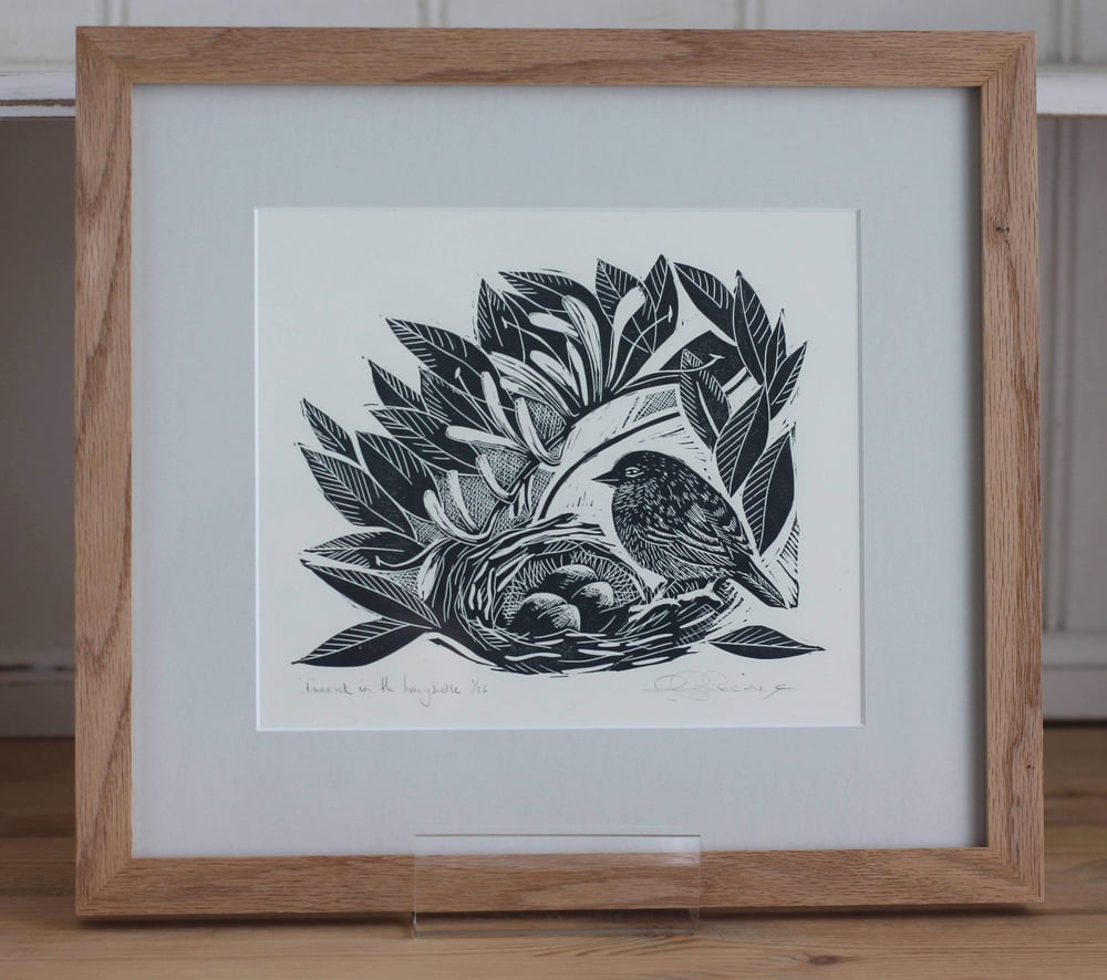 Image of 'Dunnock in the honeysuckle' framed linocut