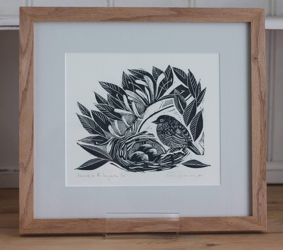 Image of 'Dunnock in the honeysuckle' framed linocut