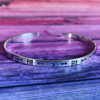 Image 1 of Aztec symbol stamped sterling cuff bracelet (4mm wide). Hand stamped silver 925 bracelet.